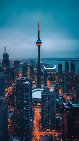 CN Tower dominates blue hour Toronto skyline glow.