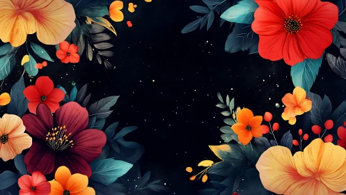 Vibrant Flowers Frame Dark Night Sky with Luminous Particles