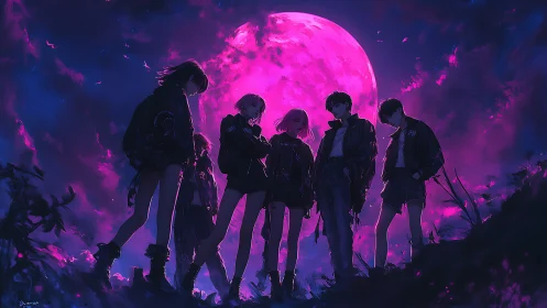 Midnight crew standing bold beneath a neon pink moon.