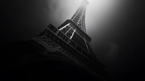Dramatic low-angle monochrome study of an illuminated iron tower
