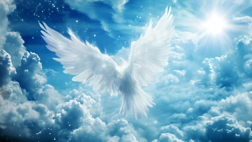 Radiant celestial dove ascends through volumetric cloudscape