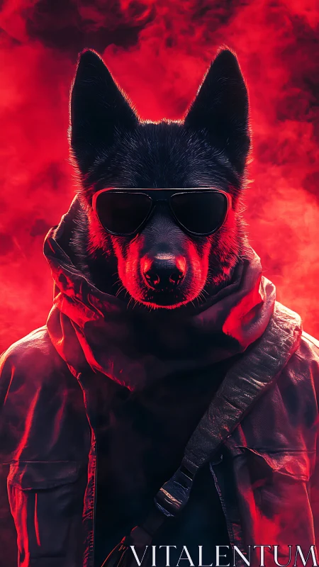 Cyber-operator canine portrait in neon red atmospheric haze.