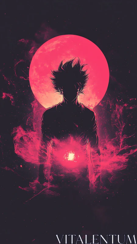 Silhouetted energy figure against neon crimson moon glow.