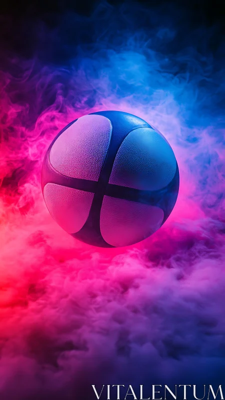 Glowing basketball floats in vibrant pink and blue smoke