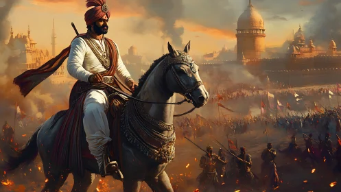 Mounted commander before fortified city during large battle.