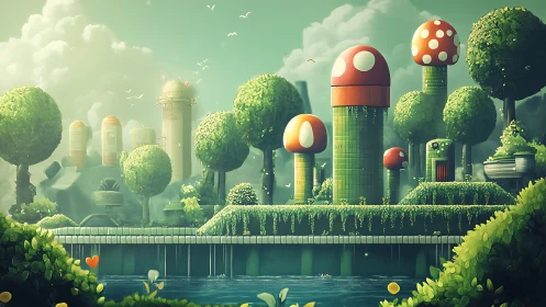 Whimsical 3D mushroom city rising in lush green landscape.