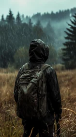 Rain-soaked hiker in misty forest clearing, vertical frame.