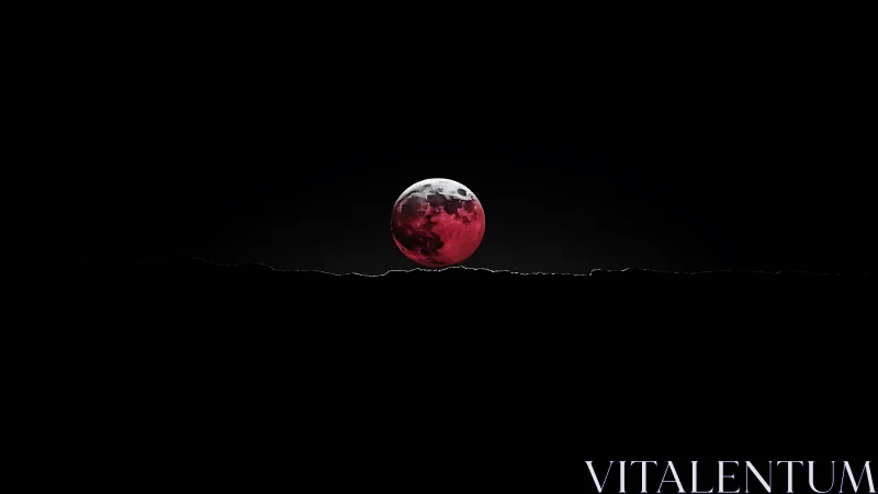 Red lunar sphere rising above a dark minimal horizon.