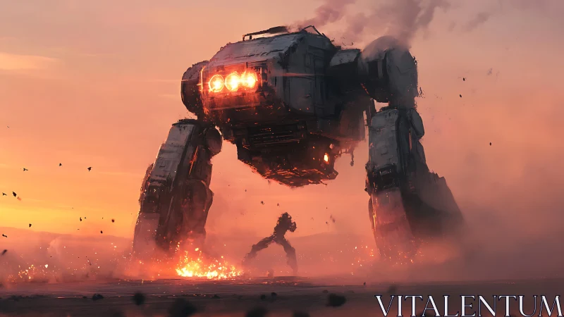 Colossal combat mech advances through fiery dusk battlefield.