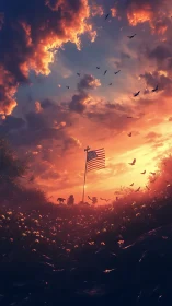 Flagpole and field appear under stratified sunset cloud cover