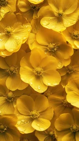 Golden flowers glisten with dew drops in radiant yellow blooms