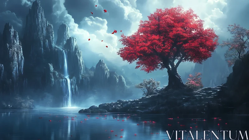 Crimson dreamtree lingers beside mist-wrapped waterfall cliffs