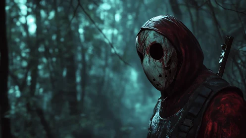 Masked killer stands in misty forest with bloodstained hood