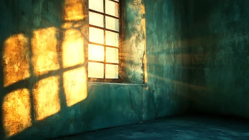 Sunlit window casting geometric shadows in teal room.