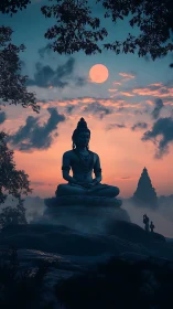Large meditative statue framed by trees at misty moonrise