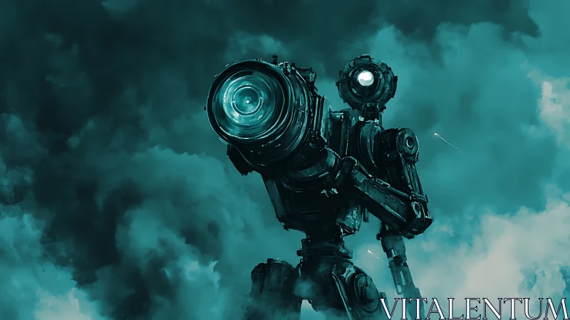 Colossal lens-headed combat mech in teal war clouds.