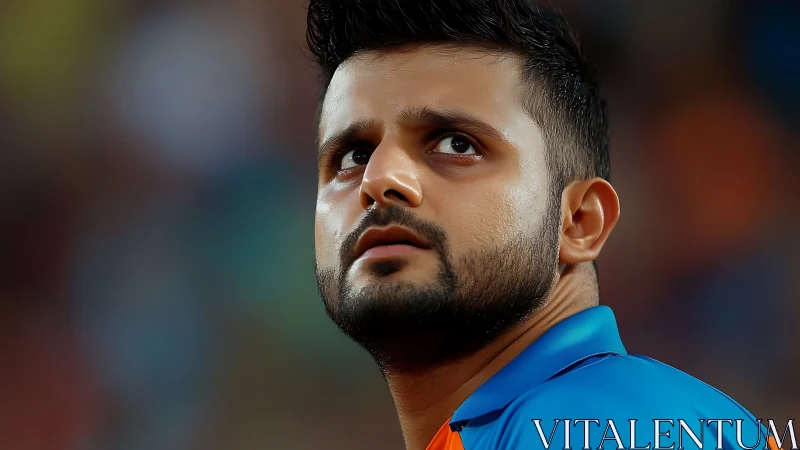 Focused cricket player portrait under stadium lights.