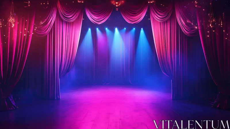 Empty theater stage glows under vivid magenta and blue light