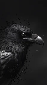 Monochrome side profile of detailed raven on dark field.