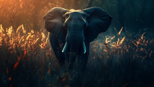 Gentle elephant strides through glowing twilight grasslands.