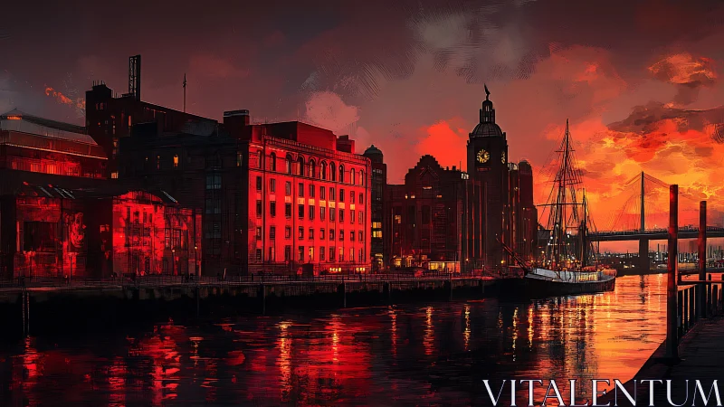 Harborfront industrial skyline under red sunset illumination.