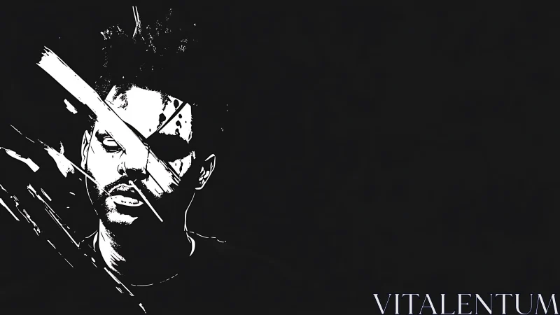 Monochrome portrait silhouette is intersected by diagonal streaks