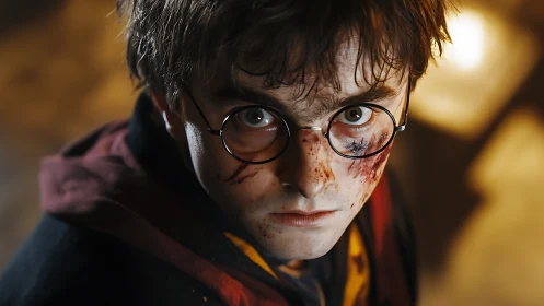 Young man with glasses and facial injuries in low light.