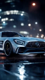 Silver performance coupe on wet city street at night.