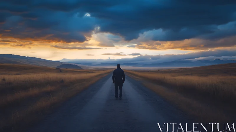 Solitary figure on rural road beneath storm-lit twilight sky.