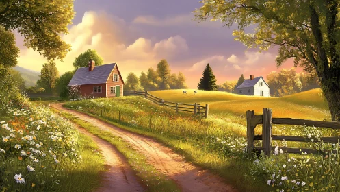 Golden-hour rural landscape renders two cottages and winding path