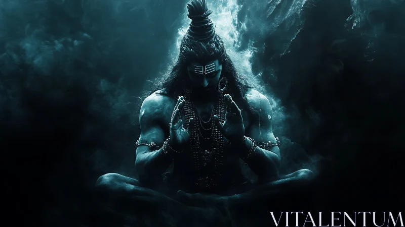 Mystic blue yogi in deep midnight mountain meditation.