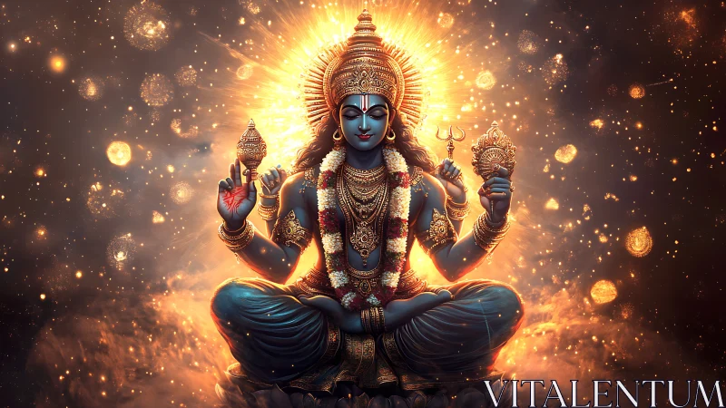 Seated blue-skinned deity with radiant golden aura in space
