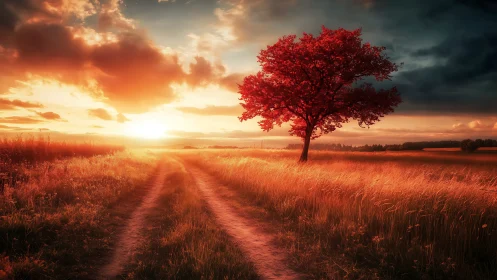 Solitary crimson tree glows beside a sunlit country path