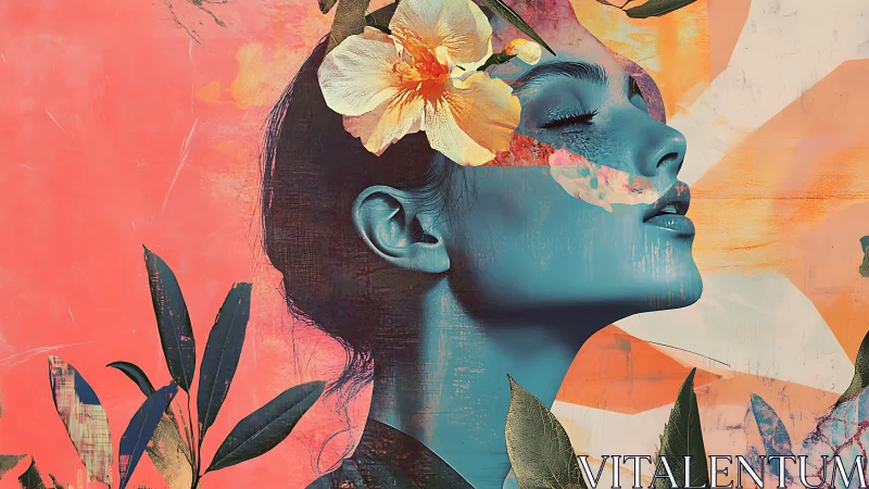 Blue-toned female profile merges with florals and abstract planes