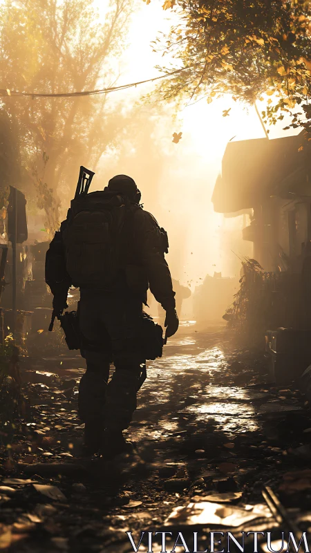 Solitary soldier walking through sunlit ruined street.