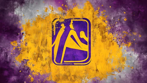 Purple and yellow abstract emblem on textured background.