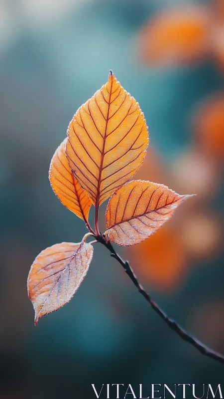 Frost edged orange leaves stand out sharply against teal bokeh