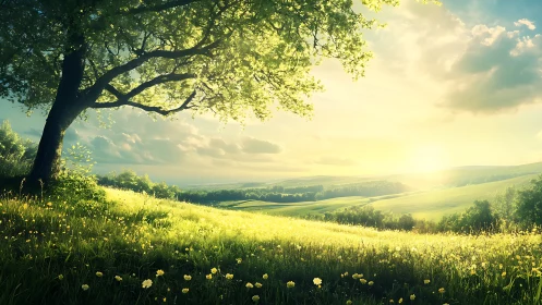 Sunlit hillside dreaming beneath a whispering meadow tree.