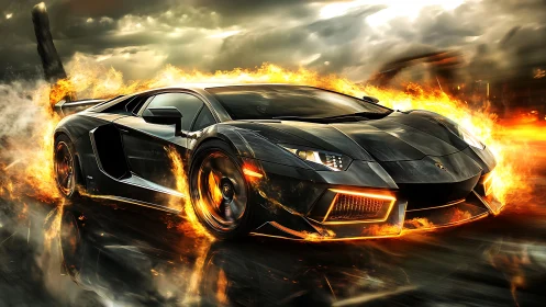 Fire-lit supercar slicing through a stormy night street.