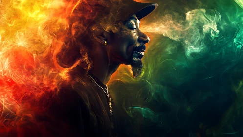 Profile portrait in swirling fire and smoke glow erupts.