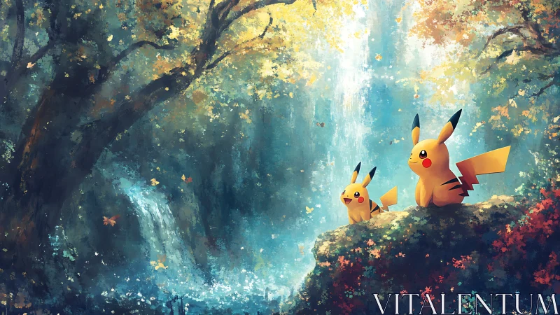 Two yellow creatures sit on a mossy ledge before waterfalls