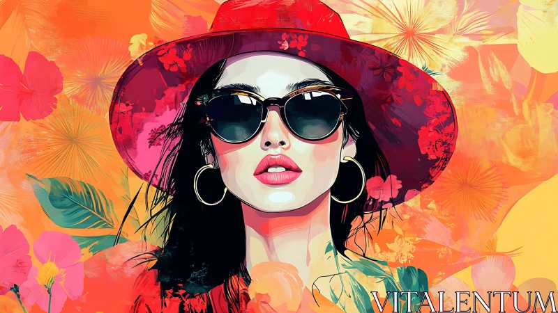 Vibrant digital portrait of woman in hat with tropical florals