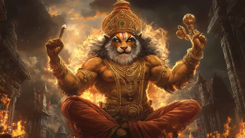 Mythic lion-headed deity in blazing temple ruins panorama.