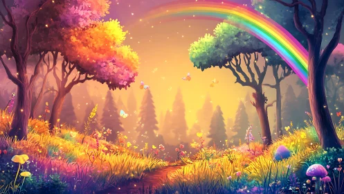Luminous fantasy forest with chromatic rainbow archway composition.