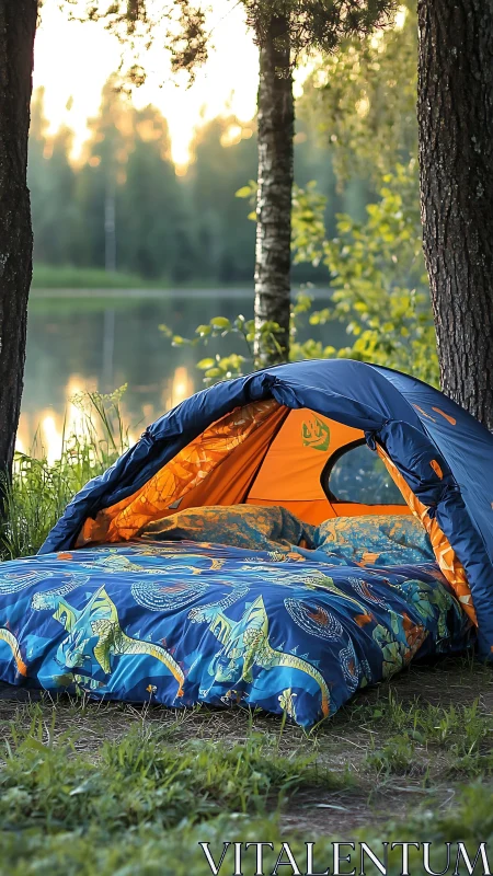 Tent Setup Near Lakeside Forest at Golden Hour