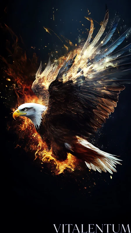 Fiery digital eagle with burning wings in dark space.