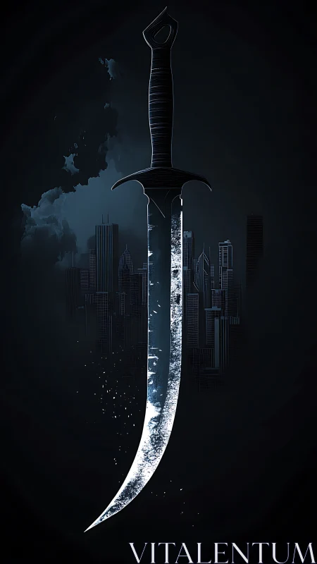 Curved silver sword silhouette over dark city skyline.