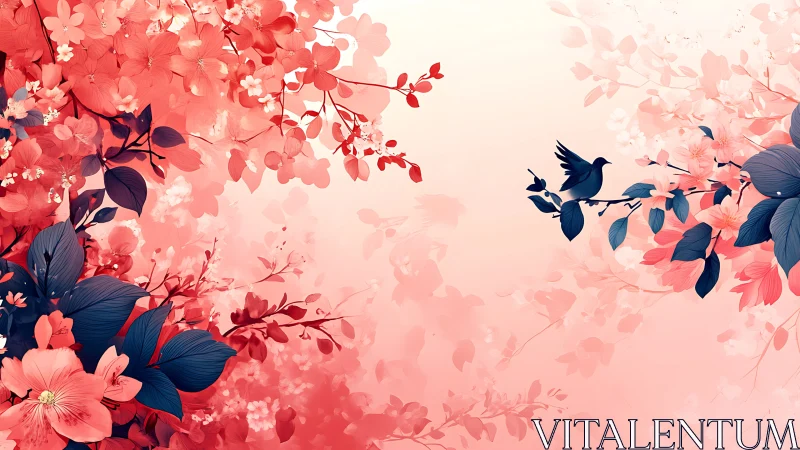 Coral Blossoms with Navy Birds in Gradient Dreamscape.