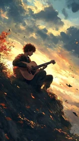 Boy with guitar on cliff edge under vivid sunset sky.