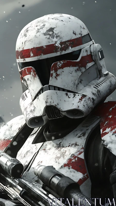 Armored sci fi soldier in worn white and red helmet armor.